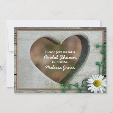 Rustic Wood-look heart & daisy Bridal shower Invitations