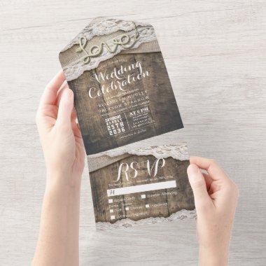 Rustic Wood Love Rope Burlap Lace Wedding RSVP All In One Invitations