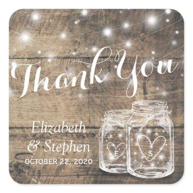 Rustic Wood Mason Jar Lamp Wedding Favor Thank You Square Sticker