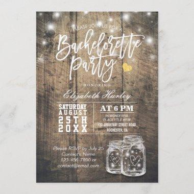Rustic Wood & Mason Jar String Lights Bachelorette Invitations