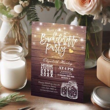 Rustic Wood & Mason Jar String Lights Bachelorette Invitations