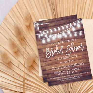 Rustic Wood Mason Jar String Lights Bridal Shower Invitations