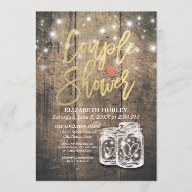 Rustic Wood Mason Jar String Lights Couple Shower Invitations