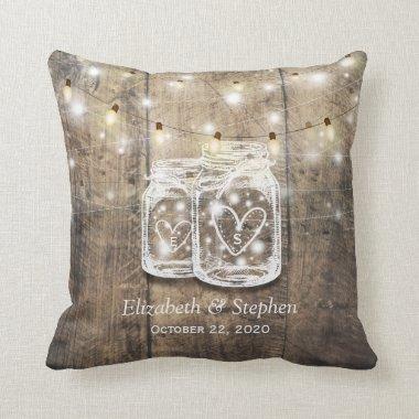Rustic Wood Mason Jar String Lights Wedding Shower Throw Pillow