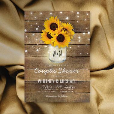 Rustic Wood Mason Jar Sunflowers Lights Wedding Invitations