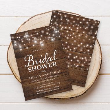 Rustic Wood Mason Jars and Lights Bridal Shower Invitations