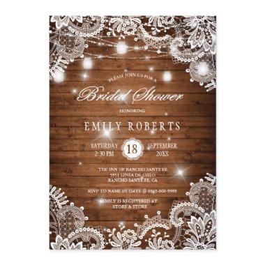 Rustic Wood Mason Jars Lights Lace Bridal Shower Invitations