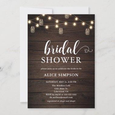 Rustic Wood Mason Jars Script Heart Bridal Shower Invitations