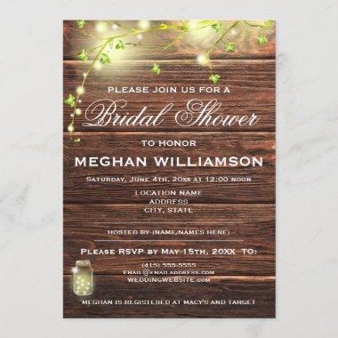 Rustic Wood Mason Lights Bridal Shower Invitations