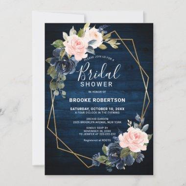 Rustic Wood Navy Blush Geometric Bridal Shower Invitations
