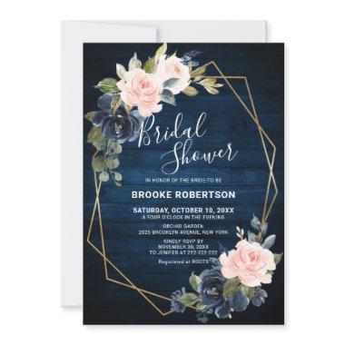 Rustic Wood Navy Blush Geometric Bridal Shower Invitations