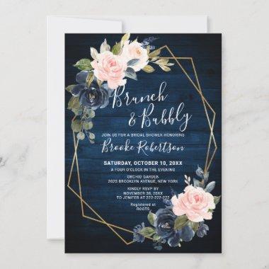 Rustic Wood Navy Blush Geometric Brunch And Bubbly Invitations