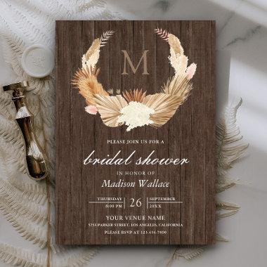 Rustic Wood Pampas Wreath Dried Palm Bridal Shower Invitations