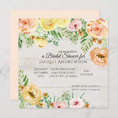 Rustic Wood Peach Orange Rose Floral Bridal Shower Invitations