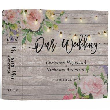 Rustic Wood Pink Floral String Light Wedding Album 3 Ring Binder