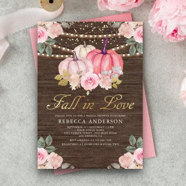 Rustic Wood Pink Gold Pumpkin Floral Bridal Shower Invitations