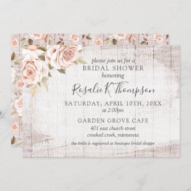 Rustic Wood & Romantic Roses Cottage Bridal Shower Invitations