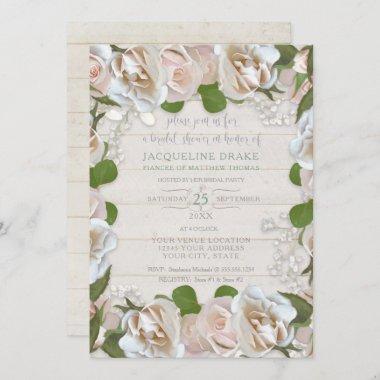 Rustic Wood Rose Babys Breath Floral Bridal Shower Invitations