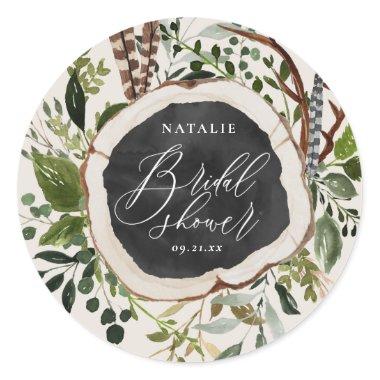 Rustic wood slice bridal shower party classic round sticker