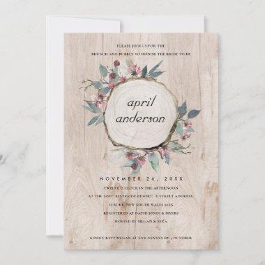 RUSTIC WOOD SLICE FLORAL BRUNCH & BUBBLY INVITE