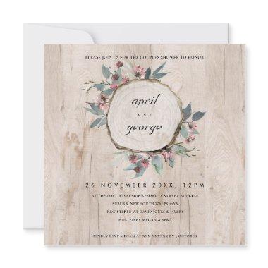 RUSTIC WOOD SLICE PINK FLORA COUPLES SHOWER INVITE