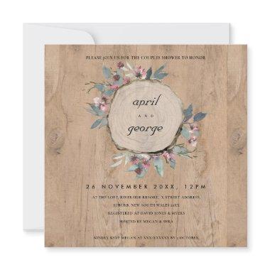 RUSTIC WOOD SLICE PINK FLORA COUPLES SHOWER INVITE