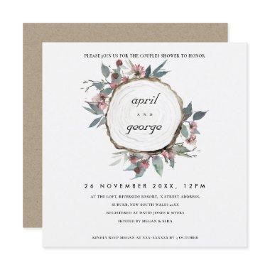 RUSTIC WOOD SLICE PINK FLORA COUPLES SHOWER INVITE