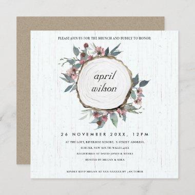 RUSTIC WOOD SLICE PINK FLORAL BRUNCH BUBBLY INVITE