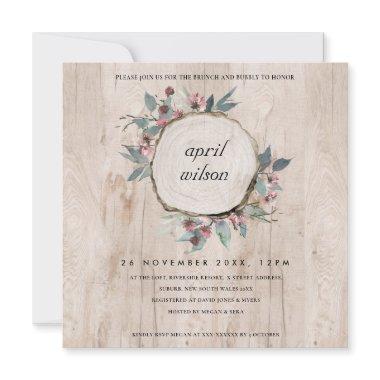 RUSTIC WOOD SLICE PINK FLORAL BRUNCH BUBBLY INVITE