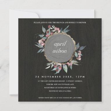RUSTIC WOOD SLICE PINK FLORAL BRUNCH BUBBLY INVITE