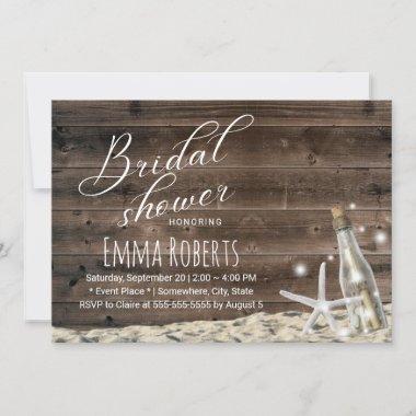 Rustic Wood Starfish Beach Bottle Bridal Shower Invitations