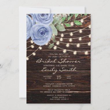 Rustic Wood String Light Blue Floral Bridal Shower Invitations