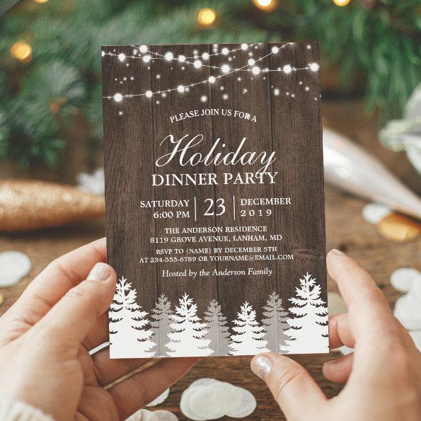 Rustic Wood String Light Pines Tree Holiday Party Invitations