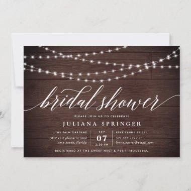 Rustic Wood String Lights Bridal Shower Invitations