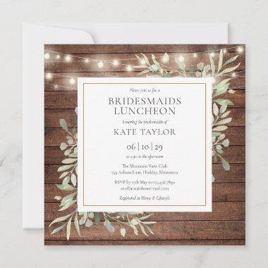 Rustic Wood String Lights Bridesmaids Luncheon Invitations