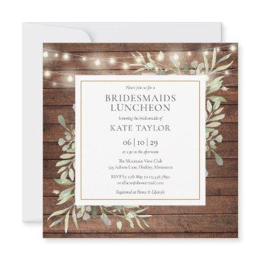 Rustic Wood String Lights Bridesmaids Luncheon Invitations