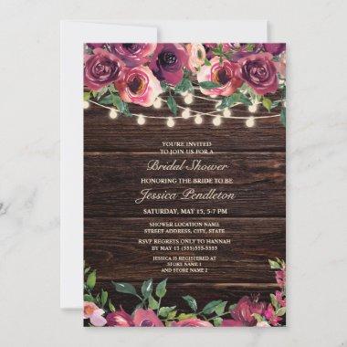 Rustic Wood String Lights Burgundy Floral Bridal Invitations