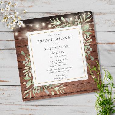Rustic Wood String Lights Greenery Bridal Shower Invitations