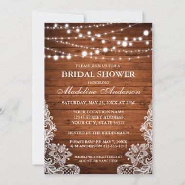 Rustic Wood String Lights Lace Bridal Shower Invitations