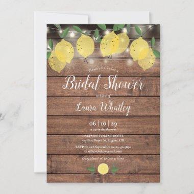 Rustic Wood String Lights Lemons Bridal Shower Invitations