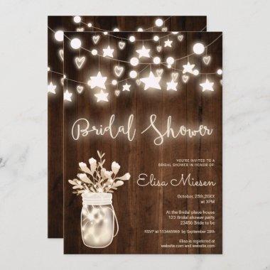 Rustic wood string lights mason jar bridal shower Invitations