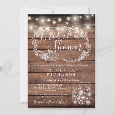 Rustic Wood String Lights Mason Jars Bridal Shower Invitations