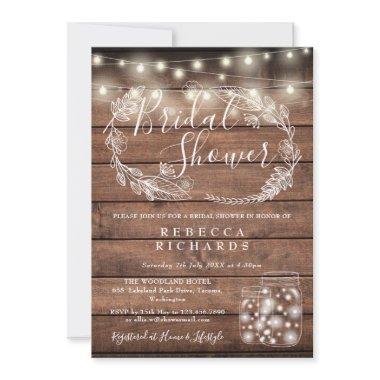 Rustic Wood String Lights Mason Jars Bridal Shower Invitations