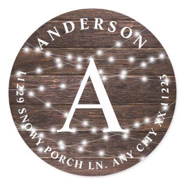 Rustic Wood String Lights Monogram return address Classic Round Sticker