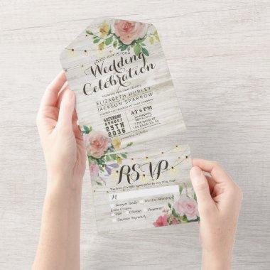 Rustic Wood String Lights Pink Floral Wedding RSVP All In One