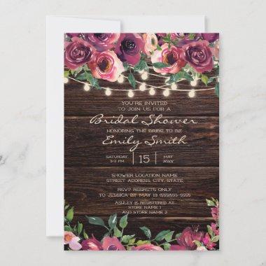 Rustic Wood String Lights Purple Floral Bridal Invitations