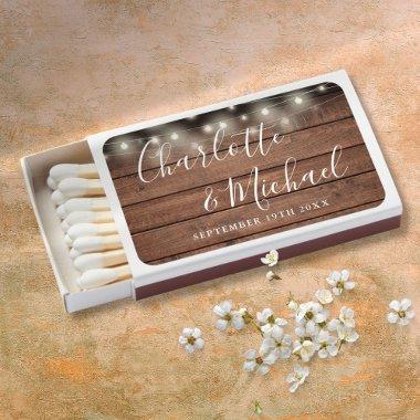 Rustic Wood String Lights Script Wedding Favors Matchboxes