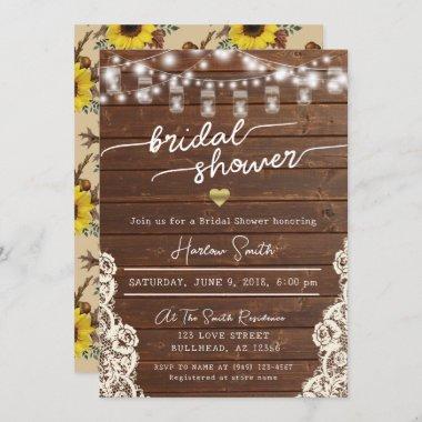 Rustic Wood String Lights Sunflower Bridal Shower Invitations