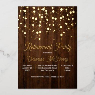 Rustic Wood String of lights Retirement Party Foil Invitations