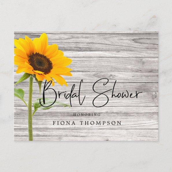 Rustic Wood Sunflower Calligraphy Bridal Shower Invitation PostInvitations